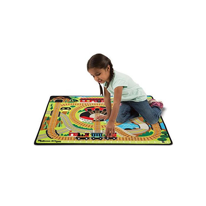Melissa & Doug Round the Rails Train Rug With 3 Linking Wooden Train Cars  (100 x 91 centimeters)