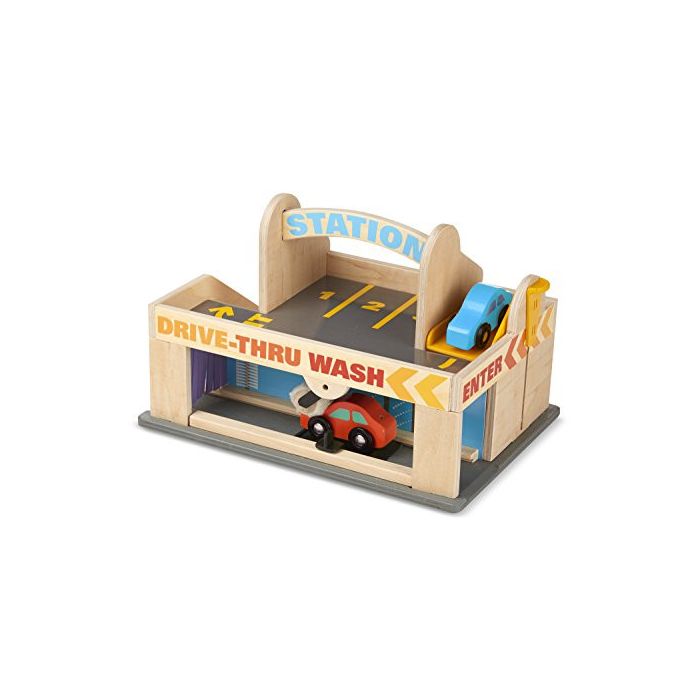 Melissa & Doug Service Station Parking Garage With 2 Wooden Cars and Drive-Thru Car Wash