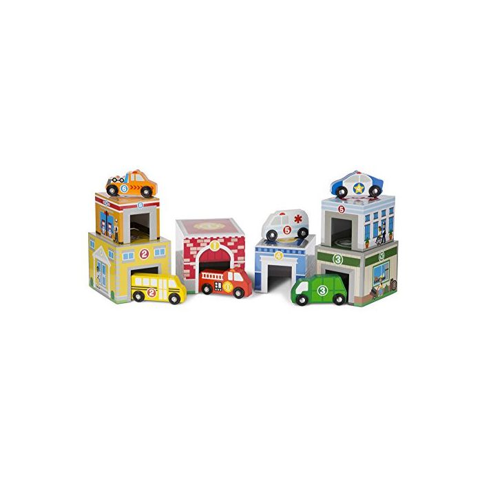 Melissa & Doug Nesting and Sorting Buildings Set with 6 Wooden Vehicles Toy, Multi-Colour