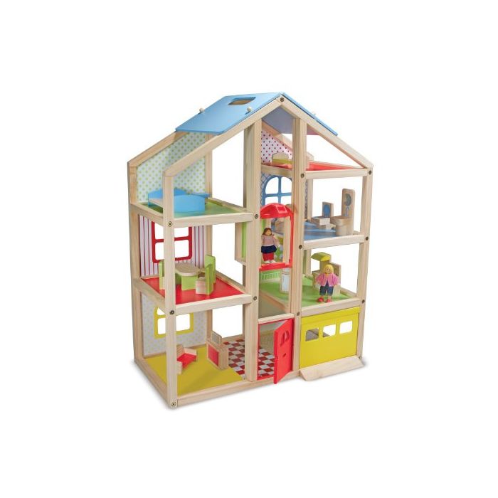 Melissa and Doug Hi-Rise Wooden Dollhouse With 15 pcs Furniture - Garage and Working Elevator