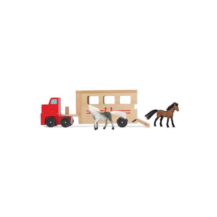 Melissa and  Doug Horse Carrier Wooden Vehicle Play Set With 2 Flocked Horses and Pull-Down Ramp