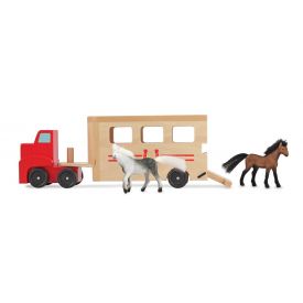 Melissa and  Doug Horse Carrier Wooden Vehicle Play Set With 2 Flocked Horses and Pull-Down Ramp